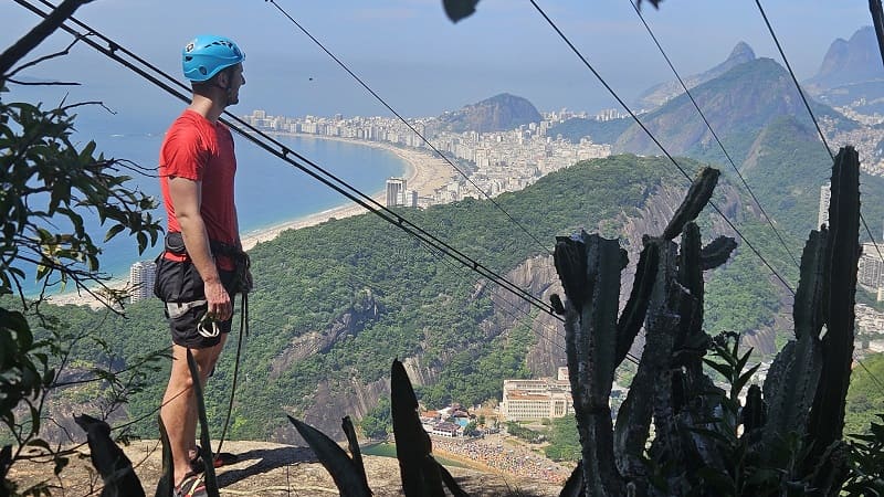 men at the top of the sugarloaf copacabana beach